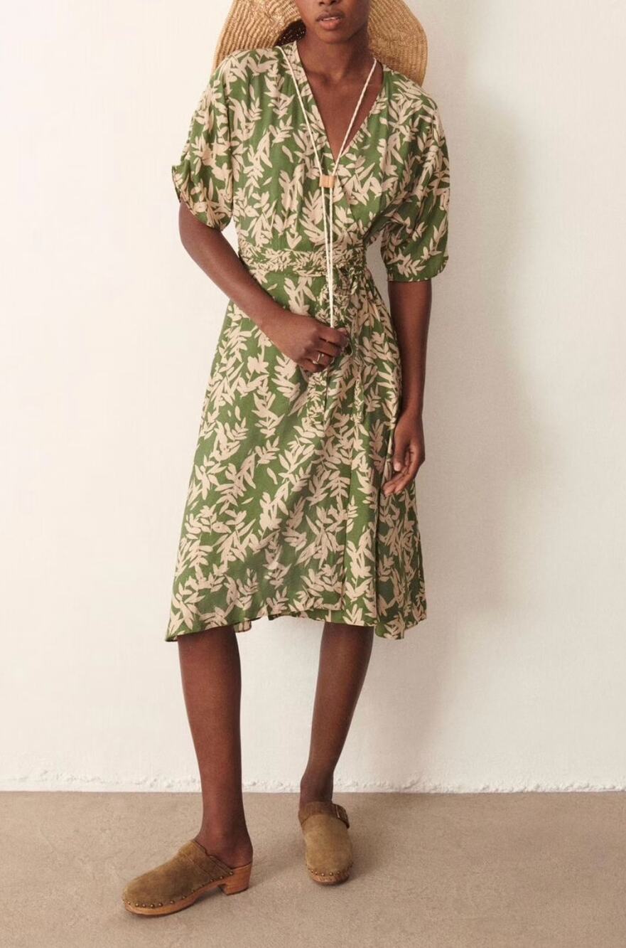 NWT ba&sh Tabby Leaf Print Wrap Midi Dress French Girl Boho Wedding Guest XS